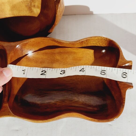 Monkey Pod Hawaiian Wood Lot of 2 Divided Serving Dish Flower Bowl Hand Carved - Picture 7 of 11